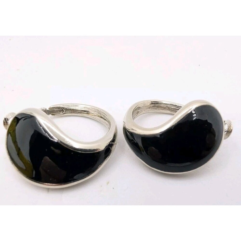vtg Goldette Silver Tone Hoop Faux Black Onyx tear drop Modernist Abstract 1.25"